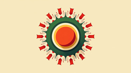 Circular abstract ornament in red, green and yellow tones with geometric symmetry on light background