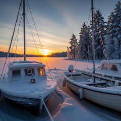 Sunset over frozen lake with boats