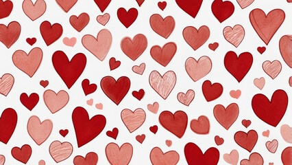 Seamless pattern of red and pink hand drawn hearts scattered on white background. Love, romance, valentine, wedding, greeting card and romantic design concept