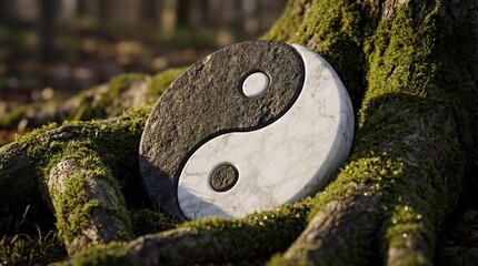 Yin yang stone symbol on tree with moss