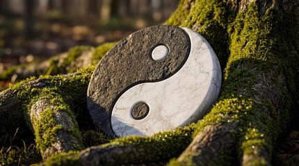 Yin yang stone symbol on tree with moss