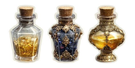 Vintage ornate glass bottles filled with colorful crystals and golden liquid