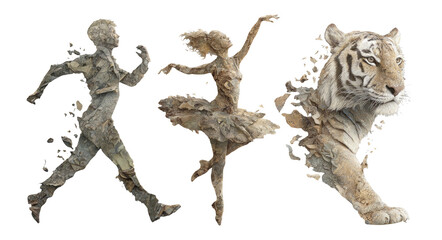 Dynamic Figures and Tiger in Artistic Style with Transparent Background