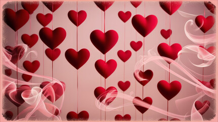 Floating red hearts on a soft pink background with light swirling elements, shallow depth, smooth texture and warm tones, symbol of love, romance, affection and celebration