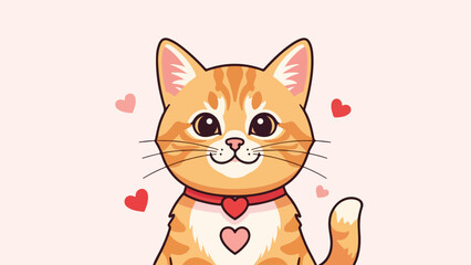 Obraz premium Friendly orange-and-white cat with red collar and heart pendant on beige background