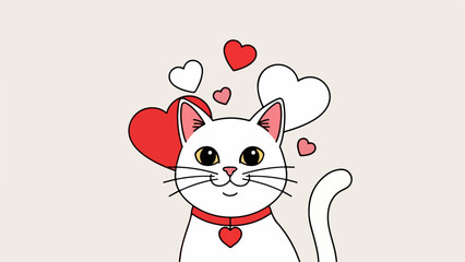 White cat with red collar and heart-shaped pendant surrounded by floating hearts on light gray background