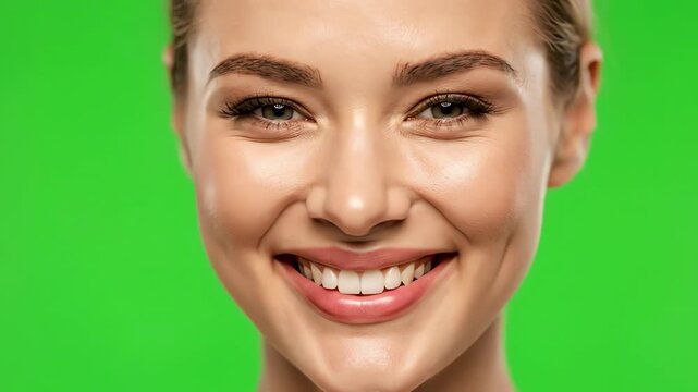 Close up portrait of a smiling young woman with dimples against a vibrant green screen background
