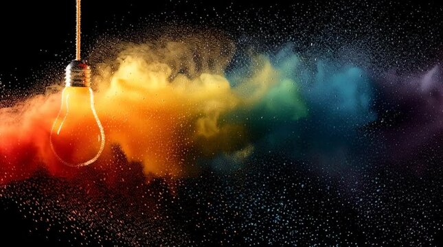 Light bulb exploding with colorful rainbow powder dust cloud on black background