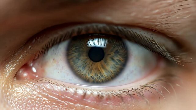 Extreme Close Up Macro Shot of a Human Eye with Hazel Green Iris and Dilated Pupil