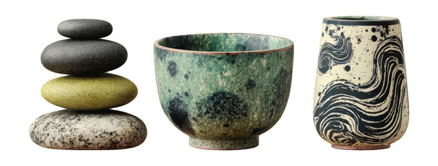 Elegant Stacked Stones and Artistic Bowl with Unique Patterns Isolated on Transparent Background