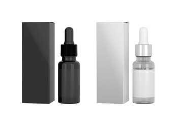 Dropper bottle and box set mockup black and white 3d rendering on transparent background