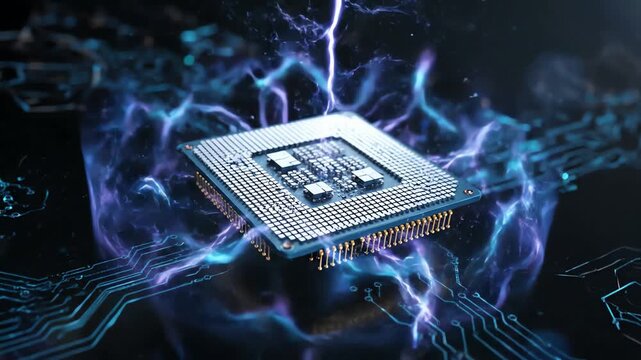 Futuristic Central Processing Unit pulsing with electric energy and digital circuits flowing around