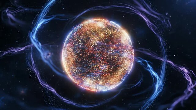 Abstract oval cosmic entity glowing with colorful particles surrounded by swirling energy streams in deep space