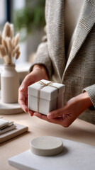 Businesswoman holding a small elegant gift box in a modern work environment indoors. Concept of corporate appreciation, thoughtful business gifting, and professional relationships