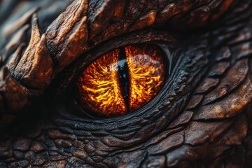 Close-up of reptilian eye with fiery orange hues in detailed scales. Captures textured pattern and intense gaze. Dark background enhances focus. Neural network AI generated