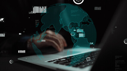 This image showcases a laptop with a digital world map overlay, highlighting themes of global connectivity, technology, and data analytics in a modern workspace setting. Xenic