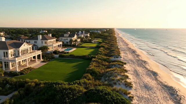 Luxury beachfront mansions overlooking pristine white sand beach and ocean at sunrise aerial drone view
