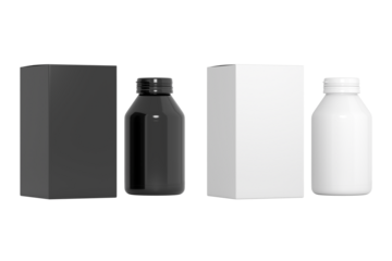 supplement bottle and box set mockup  black and white 3d rendering on transparent background 