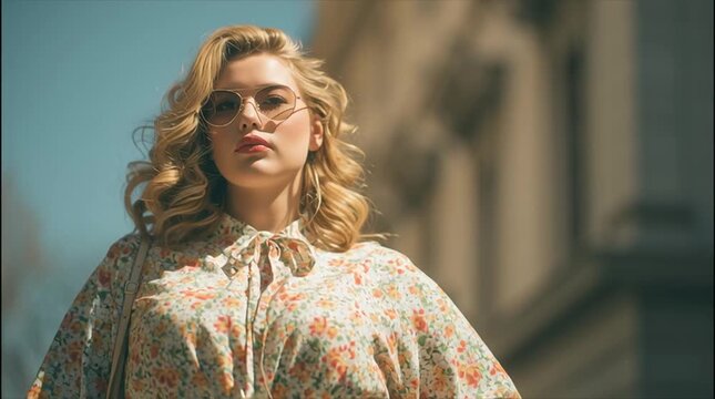 Stylish blonde woman in floral blouse and sunglasses outdoors on sunny day