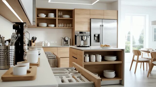 Modern wooden kitchen interior featuring organized utensils and appliances in bright daylight