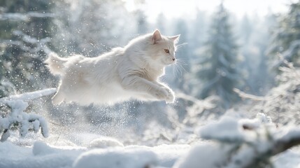 Obraz premium White cat jumps through snow in a winter forest during a bright day