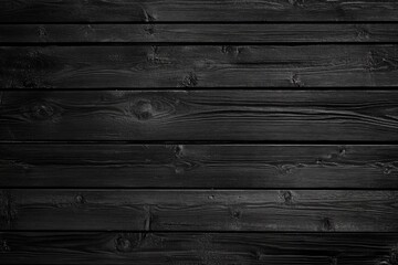 Obraz premium Rich black wooden surface showing parallel planks and distinct grains. Horizontal layout emphasizes texture, creating moody, dark tone. Neural network AI generated