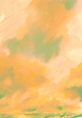 Impressionistic Landscape or Seascape in Vibrant Vibrant Colors - Colorful Dramatic Clouds Over Numerous Sailboats Tossing in the Waves-Digital Illustration, Painting, Design, Art in orange & Green 