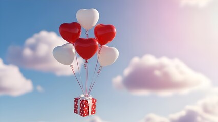 Whimsical Heart Balloons Floating with Gift Box in Cloudy Sky