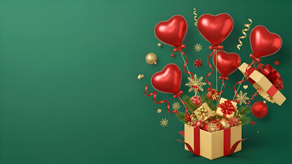 Festive Love Gift Arrangement on Green Background with Copy Space