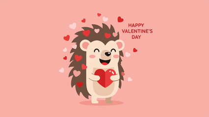 Cheerful cartoon hedgehog holding a red heart with floating hearts and Happy Valentine's Day text