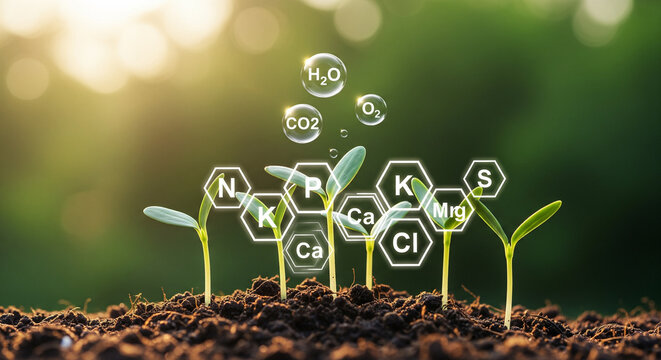 Plant Nutrition and Photosynthesis Concept with NPK Elements and Molecules Illustration