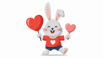 Cheerful cartoon rabbit illustration with heart-shaped balloons on light gray background