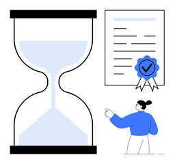 Fototapeta premium Time management, certification process, task prioritization, education goals, professional development, achievement. Hourglass, verified document person pointing. Time management and certification