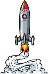 Vintage cartoon rocket ship with a red nose cone launching upwards leaving a trail of fire and smoke.
