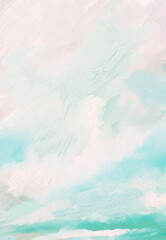Impressionistic Cloudscape Seascape In Soft Pastels w/large clouds in aqua Sky Over Land & Sea -Digital Painting, Illustration, Art, in Pastel Aqua & Teal w/Paint & Canvas Texture 