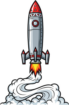 Vintage cartoon rocket ship with a red nose cone launching upwards leaving a trail of fire and smoke.
