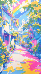 鮮やかな虹と雲のある広大な草原イメージイラスト｜空・自然・光・雲・ファンタジー・ヒーリング・Gペン・イラスト背景・動画用素材・春夏の情景におすすめ