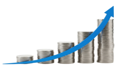 Stacks of coins with blue arrow isolated PNG, financial growth and investment concept for business and economic success