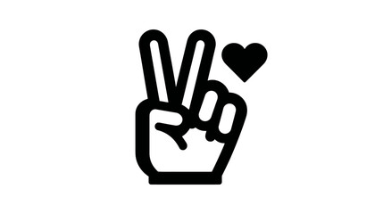 Obraz premium Peace and Love Hand Gesture Icon, Vector V Sign Symbol with Heart. Simple Black and White Graphic Illustration for Harmony.