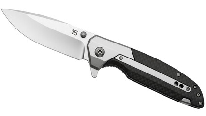 Folding pocket knife isolated PNG, EDC gear with silver blade and carbon fiber handle for outdoor survival and everyday carry