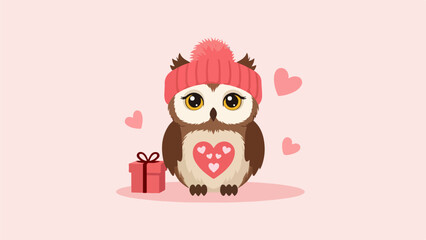 Obraz premium Playful stylized owl with pink knitted hat and heart design, gift box, and pastel pink background