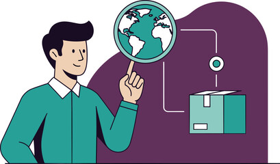 A man examines a globe with a shipping box, symbolizing intelligent logistics. Modern illustration, vibrant colors, business concept.