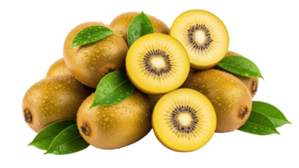 Golden kiwifruit isolated PNG on transparent background, fresh yellow kiwi fruit with green leaves and water droplets for healthy eating