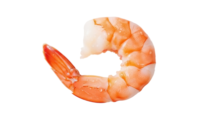 Cooked shrimp isolated PNG on transparent background, peeled prawn with orange stripes, seafood ingredient for healthy eating and gourmet recipes
