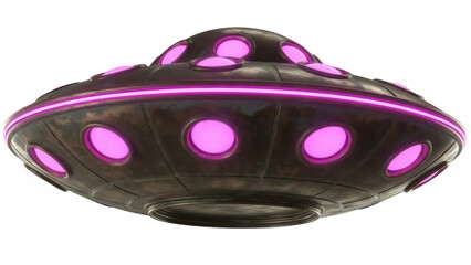 Detailed UFO PNG isolated on transparent background, alien spaceship with glowing lights for science fiction and extraterrestrial concepts