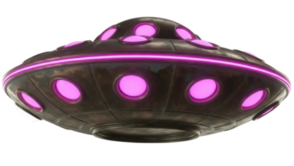 Detailed UFO PNG isolated on transparent background, alien spaceship with glowing lights for science fiction and extraterrestrial concepts