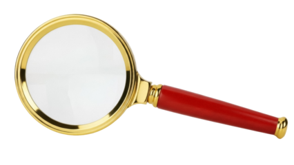Magnifying glass with gold frame and red handle isolated PNG, close-up search tool for detective work and detailed inspection