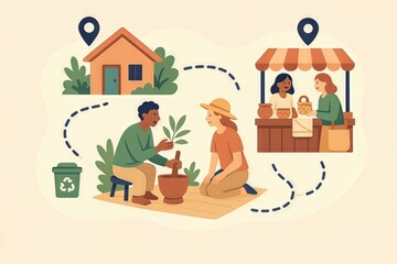 An engaging illustration depicting community interaction showcasing sustainable living practices through gardening education and local market participation emphasizing eco awareness and social