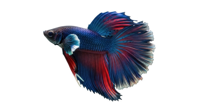 Elegant blue and red Betta fish PNG isolated on transparent background, colorful Siamese fighting fish with flowing fins