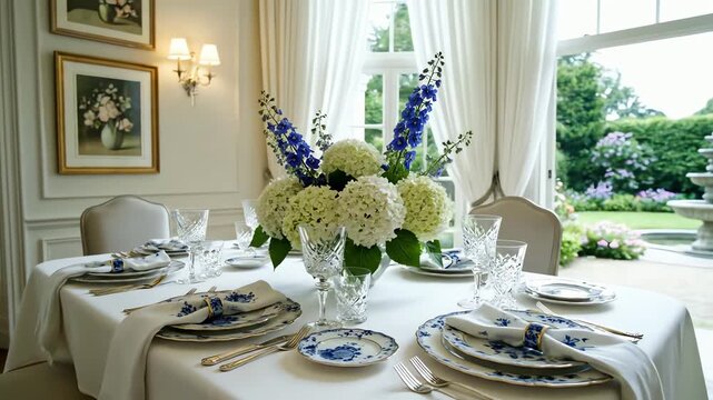 Elegant dining table set with floral centerpiece and garden view through sheer curtains